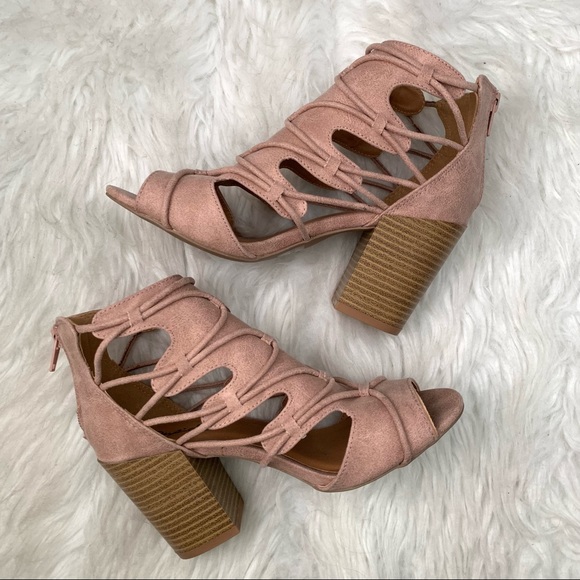 Qupid Clyde Cut Out Strappy Blush Pink Peep Toe Block Heel Booties - Picture 7 of 12